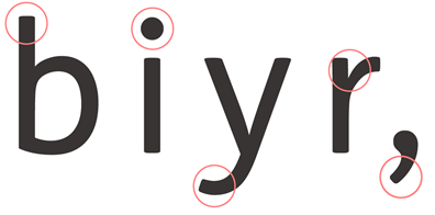 The 'b', 'i', 'y' and 'r' letters of the Just Sans body copy font, with accessibility features circled. 