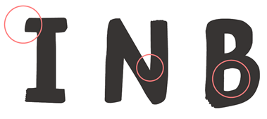 The 'I', 'N' and 'B' letters of the Just Script header font, with accessibility features circled. 